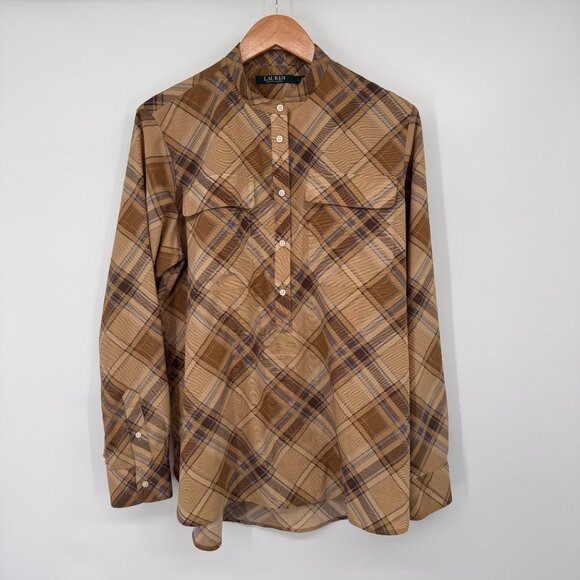 Lauren Ralph Lauren womens Plaid Tan & Brown Band Collar tunic Shirt size large - Picture 6 of 12